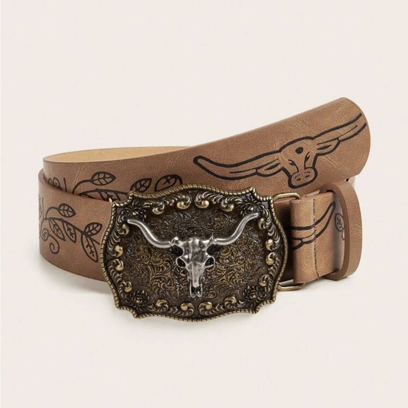 ONLY 1 LEFT of each size - Vintage Buckle PU Leather Cowboy Style Belt - Tan - Picture 7 of 7